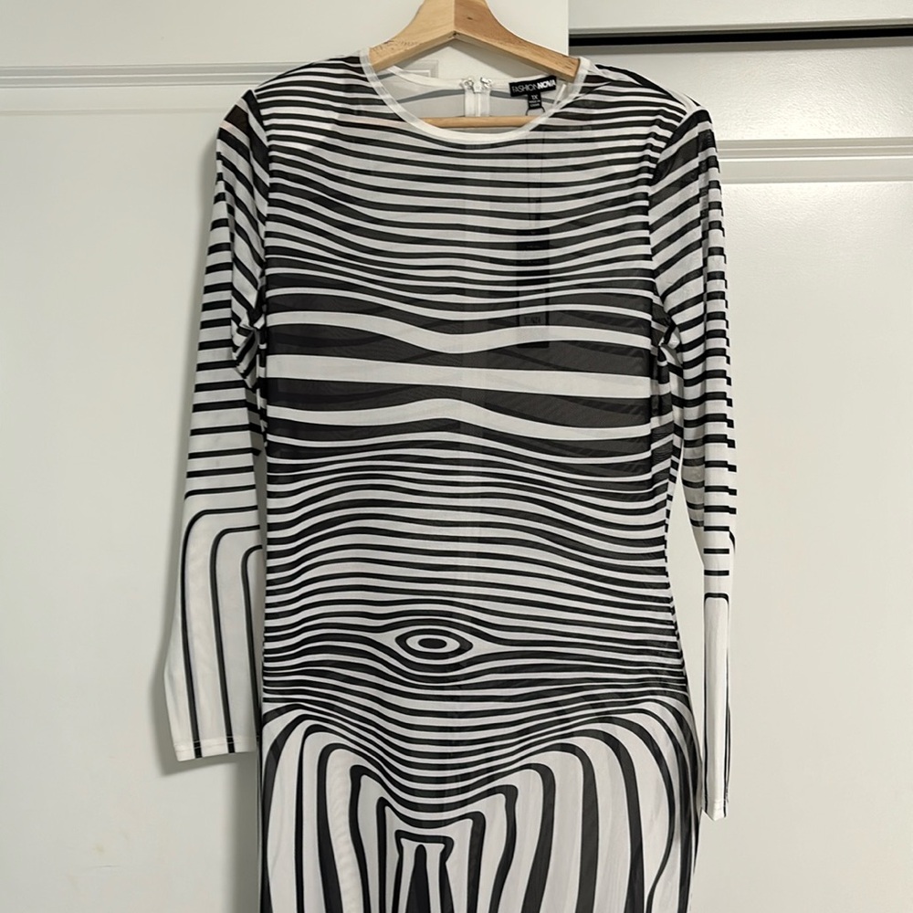 Black white sheer stripe long sleeve maxi dress unique sexy stretchy